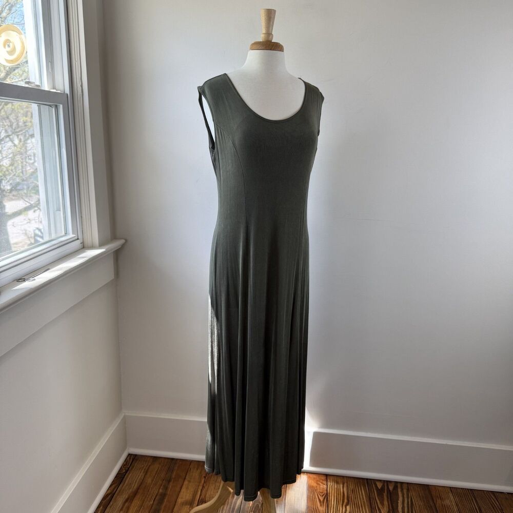 Vintage Slinky Minimalist Olive Green Jersey Knit Maxi | 90s Sleeveless Dress